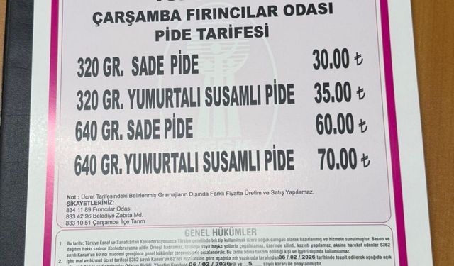 Çarşamba'da pide fiyatları belli oldu