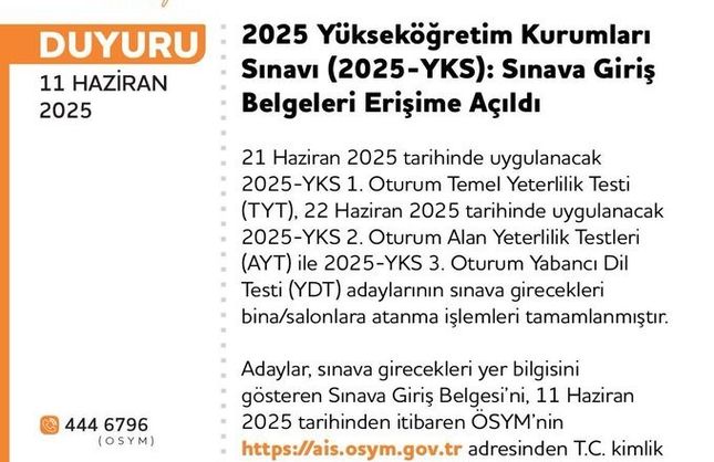 YKS giriş belgeleri erişime açıldı