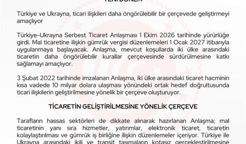 Türkiye-Ukrayna Serbest Ticaret Anlaşması yürürlüğe girdi